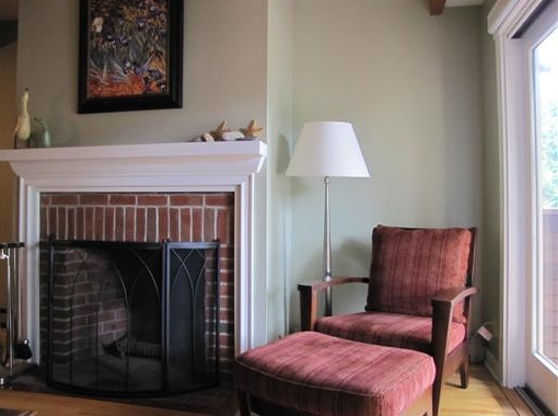 Wood Burning Fireplace in Oceanvie Condo at Ducktrap Harbor in Lincolnville, Maine